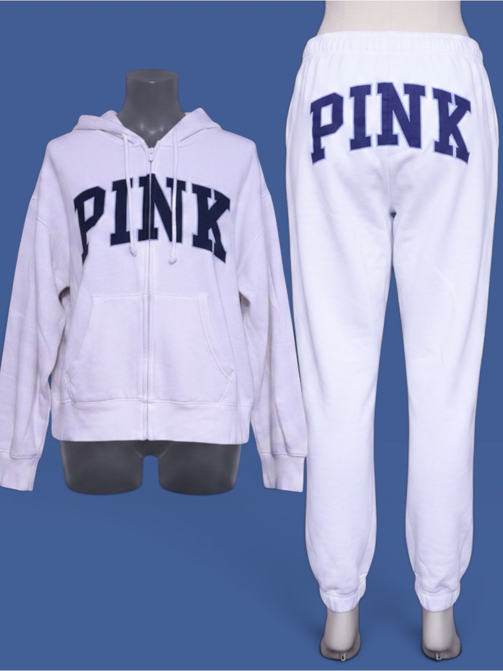 PINK Victoria's Secret White Hoodie & Joggers with Navy Logo